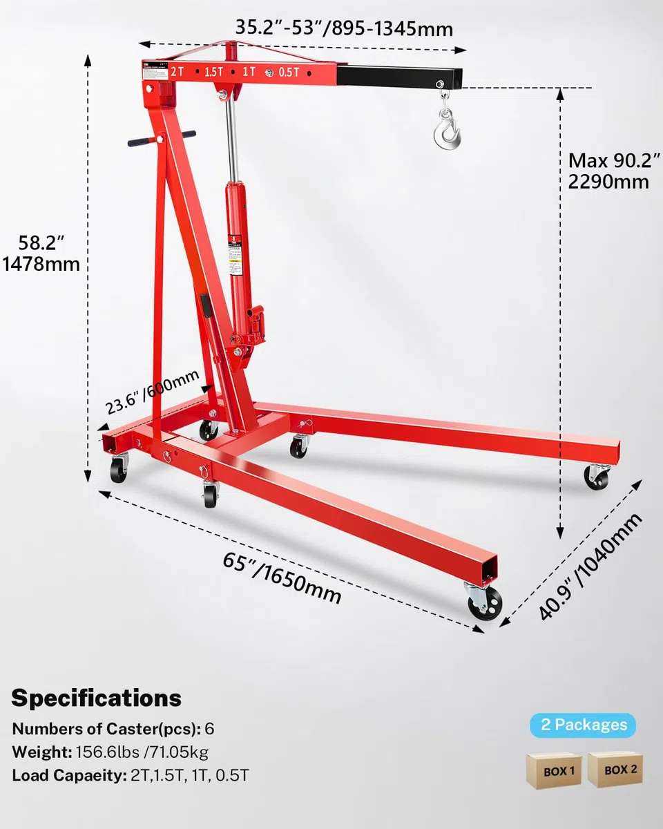 2-Ton-Ladenkran, hydraulischer klappbarer Motorheber mit 6 Stahlrollen – Heben Sie Auto-Getriebe, Bootsmotoren, Landmaschinen (Nettogewicht 71,2 kg)