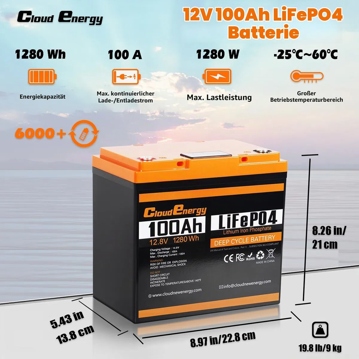 Cloudenergy 12,8V 100Ah LiFePO4 Lithium-Batterie, 1280Wh mit 100A BMS. 6000+ Zyklen, Serie/Parallelschaltung unterstützt. Ideal für Wohnmobile, Boote, Camping